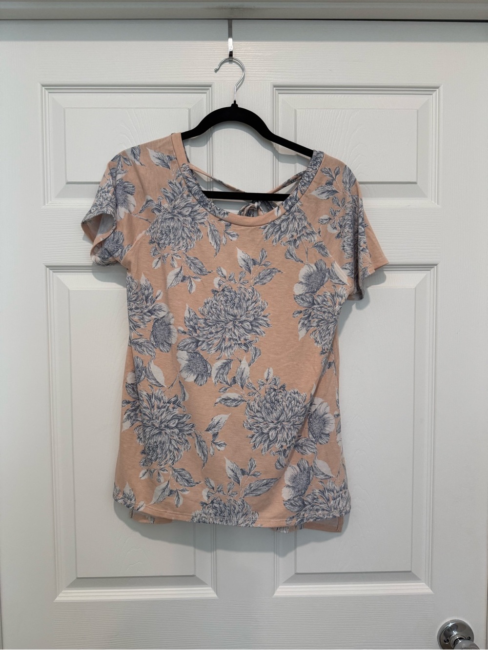 Sew In Love Peach Short Sleeve Floral Tee with Blue Floral Print